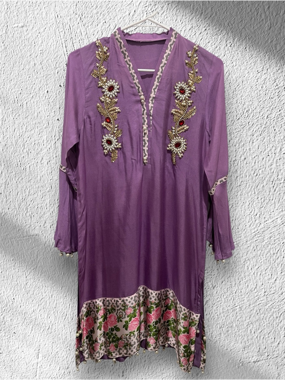Purple Embroidered Floral silk hand embellished kurta